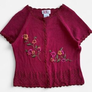 Vintage R&K Petite Burgundy Knit Embroidered Flowers Short Sleeve Sweater Blouse
